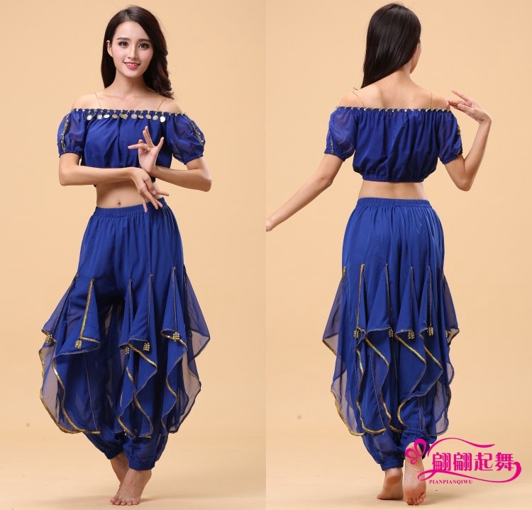 Set Belly Dance kostima za odrasle – top s lampastim rukavima i vrtećim hlačama, akrilni materijal + chiffon 120D