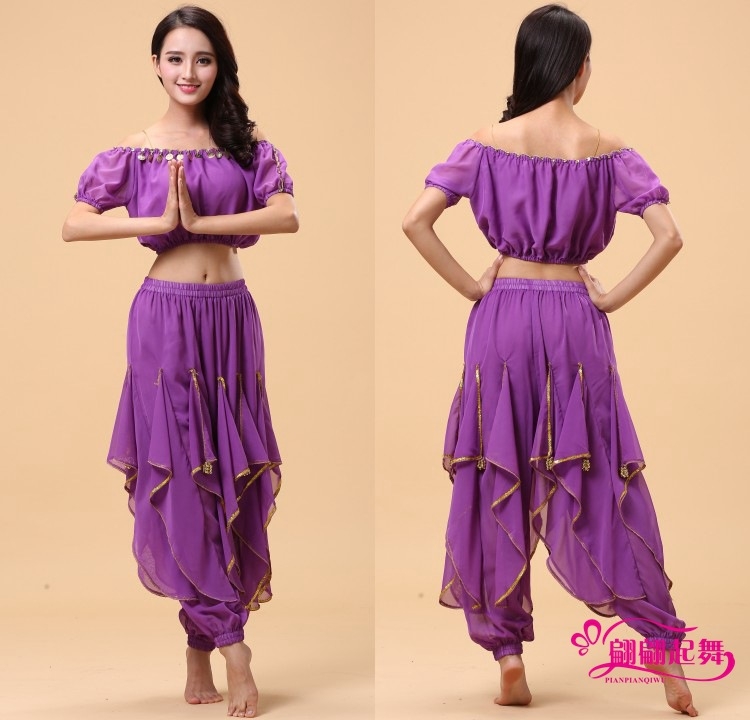 Set Belly Dance kostima za odrasle – top s lampastim rukavima i vrtećim hlačama, akrilni materijal + chiffon 120D