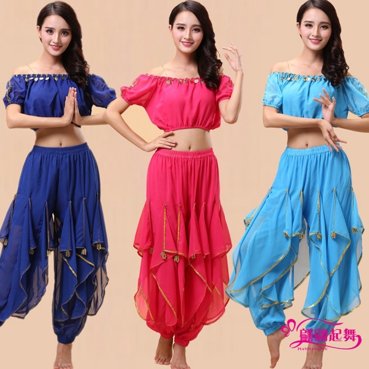 Set Belly Dance kostima za odrasle – top s lampastim rukavima i vrtećim hlačama, akrilni materijal + chiffon 120D