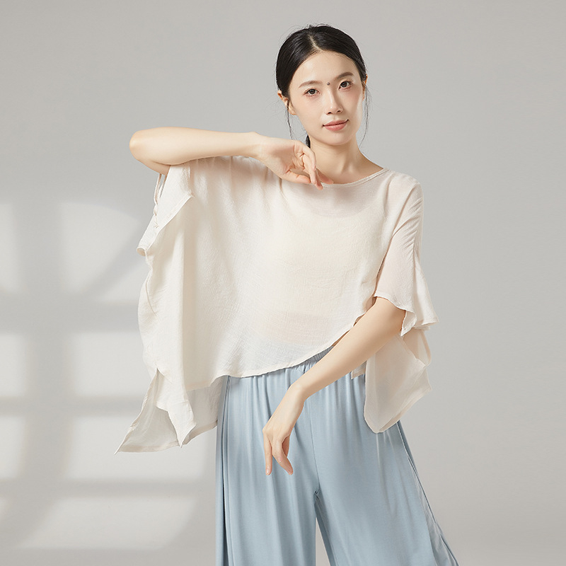 Дамски топ за танци в китайски стил от газова тъкан със слънцезащитно покритие, вискозна тъкан с памучна подплата, подходящ за всички сезони, за сцена и улични модерни танци