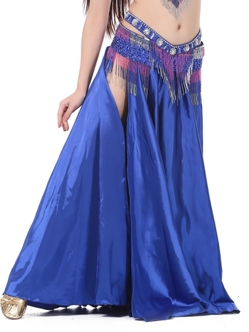 Szatén hastánc szoknya kettős hasítéssel, széles görbülés a színpadi előadásért