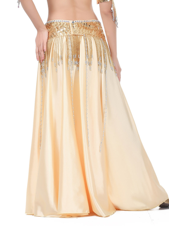 Szatén hastánc szoknya kettős hasítéssel, széles görbülés a színpadi előadásért