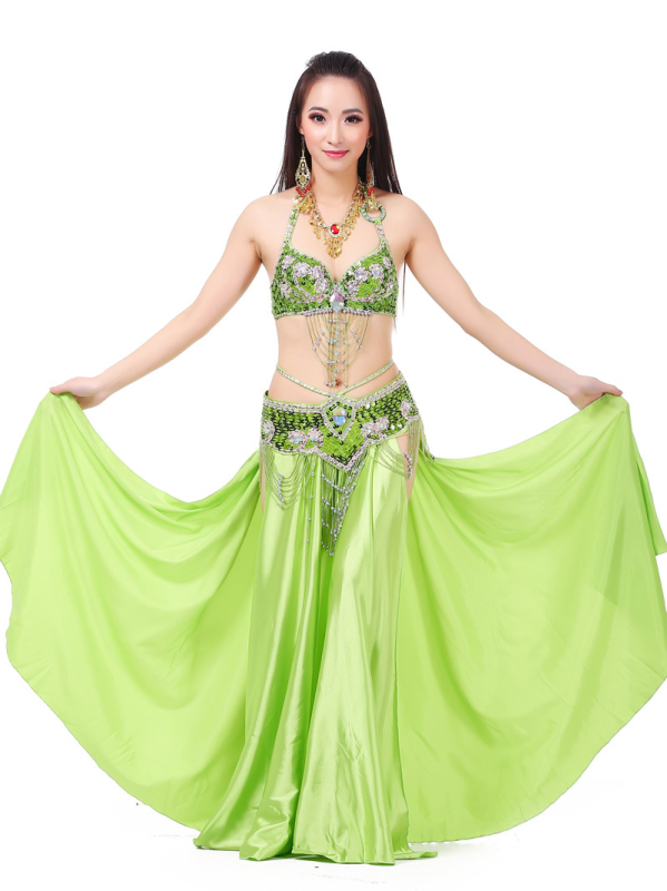 Szatén hastánc szoknya kettős hasítéssel, széles görbülés a színpadi előadásért