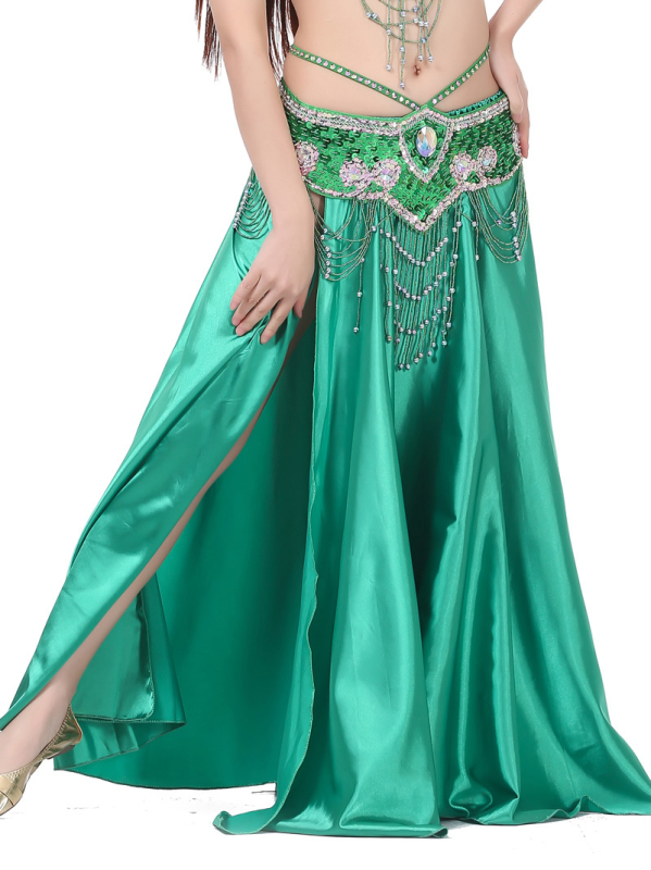 Szatén hastánc szoknya kettős hasítéssel, széles görbülés a színpadi előadásért