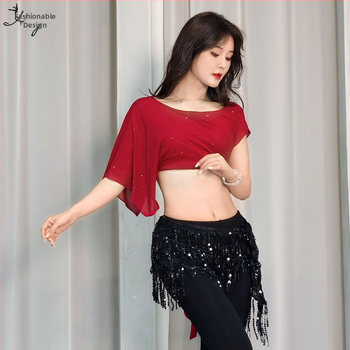 Топ за танц на корема – пайетена мрежа, найлон, къс ръкав, за жени, лято 2024