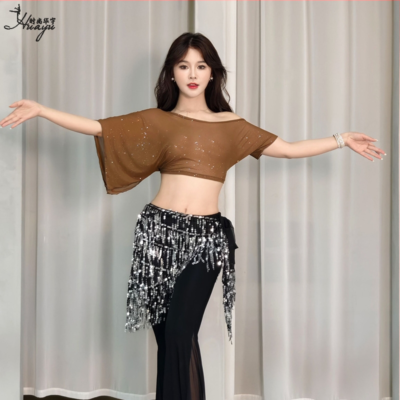 Топ за танц на корема – пайетена мрежа, найлон, къс ръкав, за жени, лято 2024