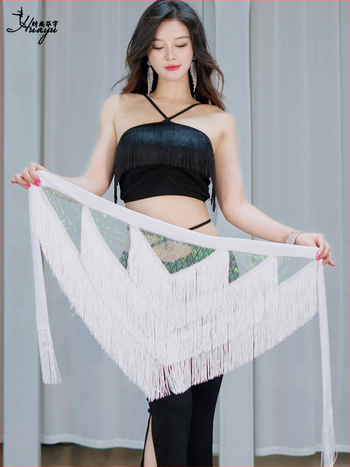 Bedrový šál pre belly dance s trojuholníkovými strapcami na scénu, pásový šál, materiál Tassel+Mesh+Crystal Cotton, polyester/nylon, leto 2025, pre ženy