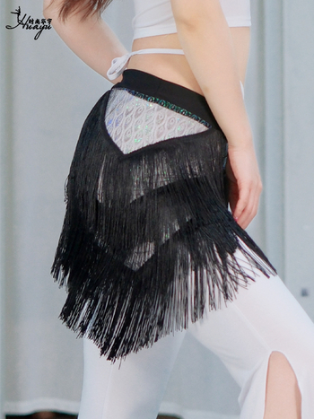 Bedrový šál pre belly dance s trojuholníkovými strapcami na scénu, pásový šál, materiál Tassel+Mesh+Crystal Cotton, polyester/nylon, leto 2025, pre ženy