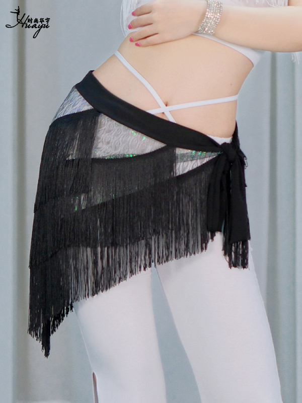 Bedrový šál pre belly dance s trojuholníkovými strapcami na scénu, pásový šál, materiál Tassel+Mesh+Crystal Cotton, polyester/nylon, leto 2025, pre ženy