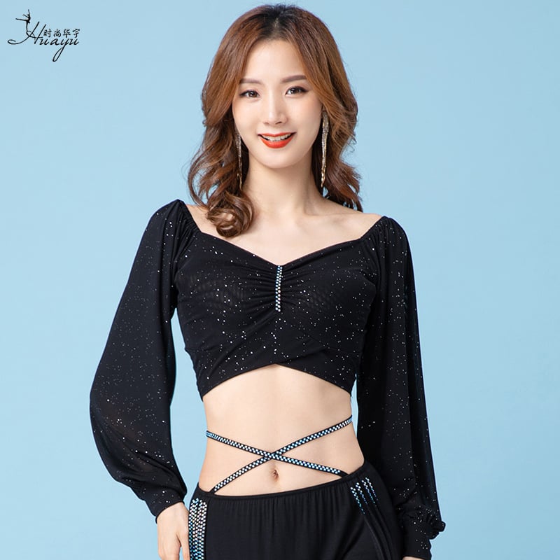 Belly dance top s mrežicom s perlicama, spandex osnova, fr. kvadratni ovratnik, plisirani dizajn, za vježbanje i orijentalni ples