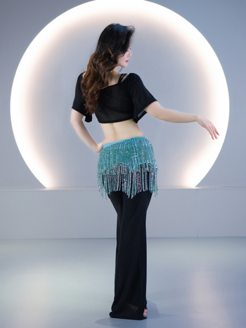 Šal za bokove Belly Dance s perlicama i resicama – Orijentalna traka za pozornicu, moderni ples, poliester smjesa, jednofarbni uzorak
