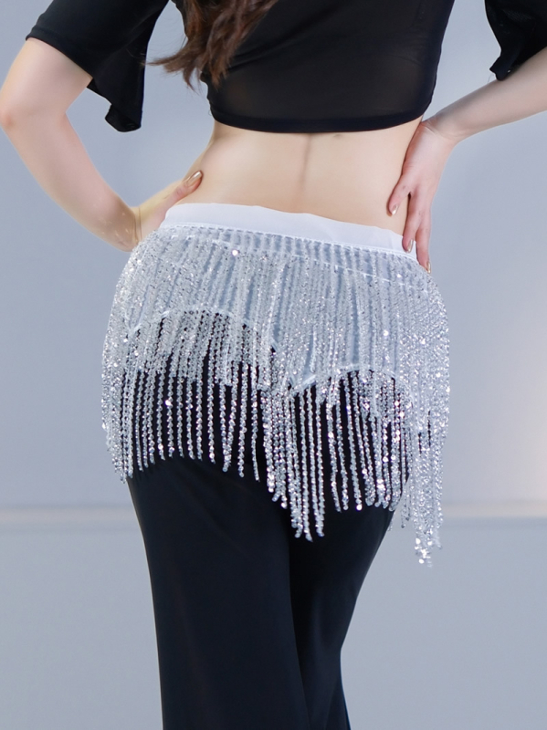 Šal za bokove Belly Dance s perlicama i resicama – Orijentalna traka za pozornicu, moderni ples, poliester smjesa, jednofarbni uzorak