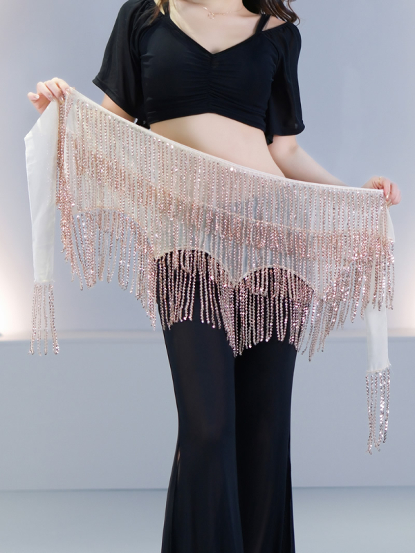 Šal za bokove Belly Dance s perlicama i resicama – Orijentalna traka za pozornicu, moderni ples, poliester smjesa, jednofarbni uzorak