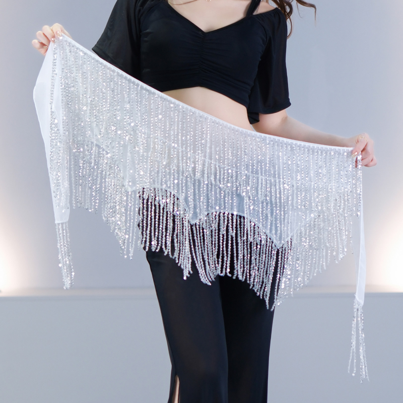 Šal za bokove Belly Dance s perlicama i resicama – Orijentalna traka za pozornicu, moderni ples, poliester smjesa, jednofarbni uzorak