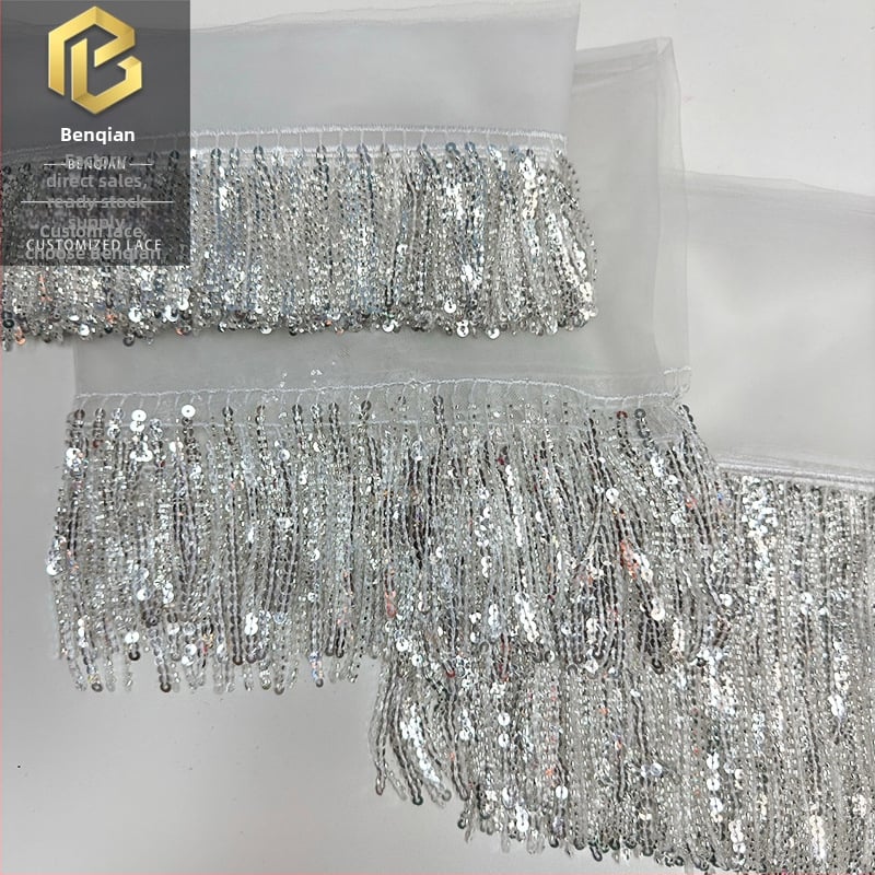 Латинска танцова пола с мрежеста материя, мъниста тръбички и пискюлна дантела за сценични изпълнения и танц с корем