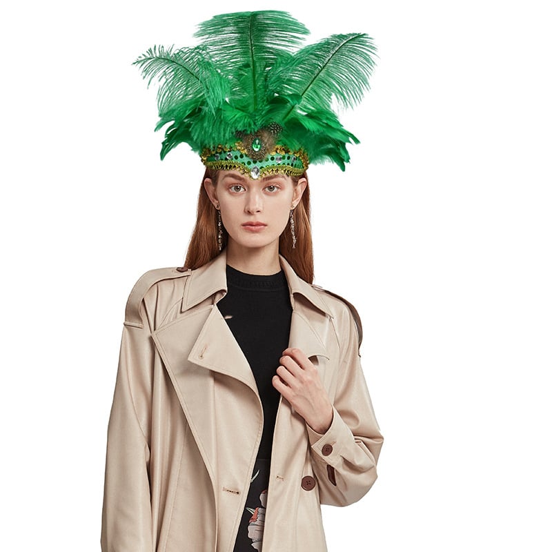 Ръчно изработен аксесоар за глава с пера – за Belly Dance, Хелоуин и карнавални представления; PVC основа, щраусови пера, дантела и кристали