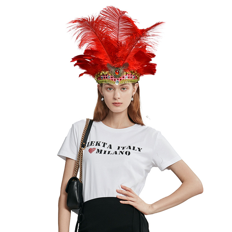 Ръчно изработен аксесоар за глава с пера – за Belly Dance, Хелоуин и карнавални представления; PVC основа, щраусови пера, дантела и кристали