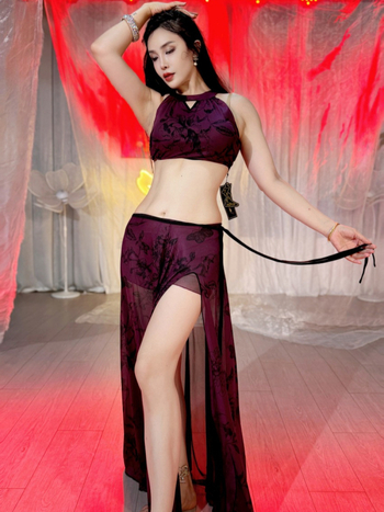 Costum de dans Belly Dance pentru vară 2025: top din plasă fără bretele, plasă imprimată și fustă cu talie atârnândă, poliester ≤30%, elegant, proaspăt și dulce