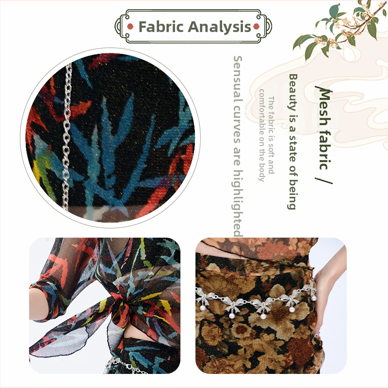 Set de costume Belly Dance cu imprimeu floral, țesătură plasă, mâneci de jumătate, croială lejeră, include fustă scurtă; nailon 90–95% și spandex sub 30%