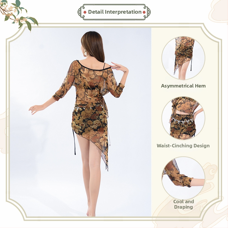 Set de costume Belly Dance cu imprimeu floral, țesătură plasă, mâneci de jumătate, croială lejeră, include fustă scurtă; nailon 90–95% și spandex sub 30%