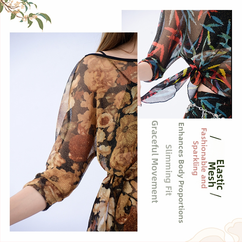 Set de costume Belly Dance cu imprimeu floral, țesătură plasă, mâneci de jumătate, croială lejeră, include fustă scurtă; nailon 90–95% și spandex sub 30%