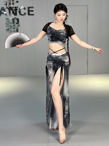 Set za Belly Dance za žene s dugom suknjom, tiskana mrežasta tkanina, najlon 70–80%, ljeto 2024