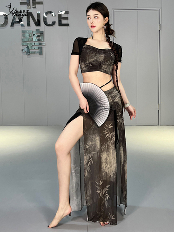 Set za Belly Dance za žene s dugom suknjom, tiskana mrežasta tkanina, najlon 70–80%, ljeto 2024
