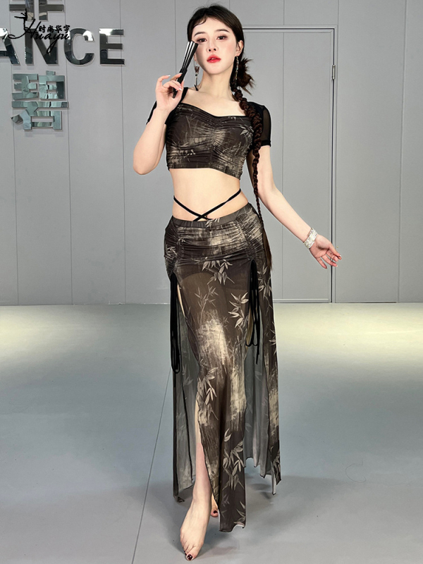 Set za Belly Dance za žene s dugom suknjom, tiskana mrežasta tkanina, najlon 70–80%, ljeto 2024