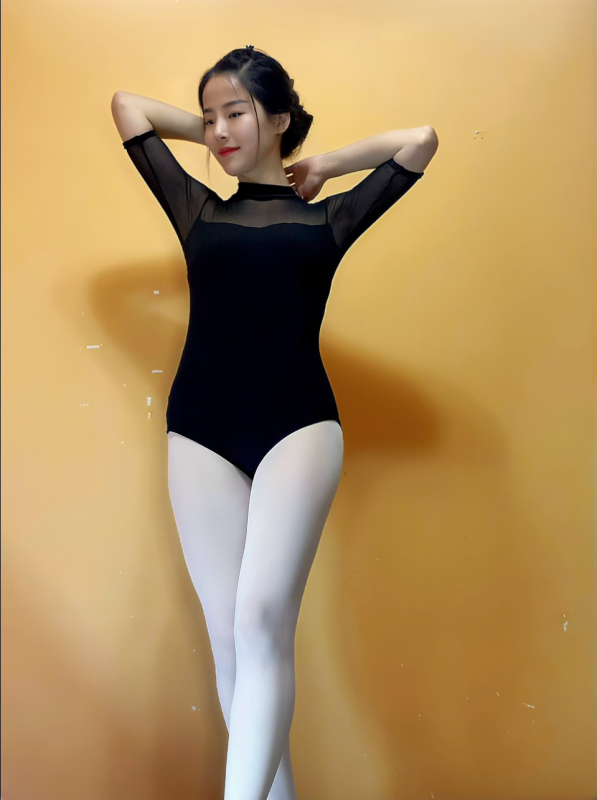 Rochie-bodí balet pentru adulți — fără spate, guler înalt, mâneci 3/4, costum de dans dintr-o bucată, poliester/nylon, căptușeală din mătase lăptoasă