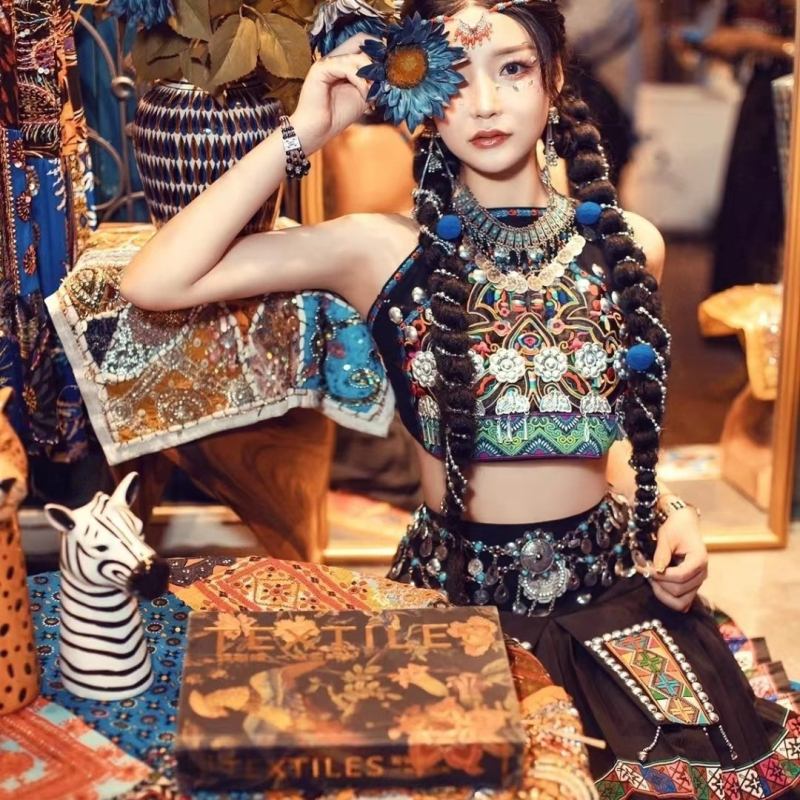 Pojas za belly dance - legura, privjesak s resicama, cvijet i leptir, jedan krug