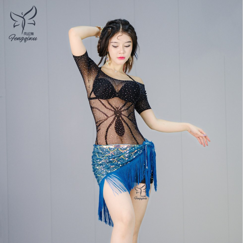 Pojas za struk za belly dance - mrežasti pojas s resicama i štrasom, jednostavna petlja, prilagodljiv Phoenix Dance