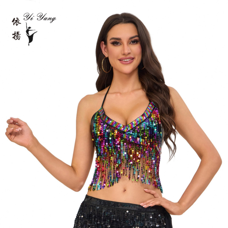 Sequin grudnjak za pozornicu – Unisex top Belly Dance i Pole Dance, poliester 95%+ (Poliester; Ljeto 2025; Yiyang; Unisex)