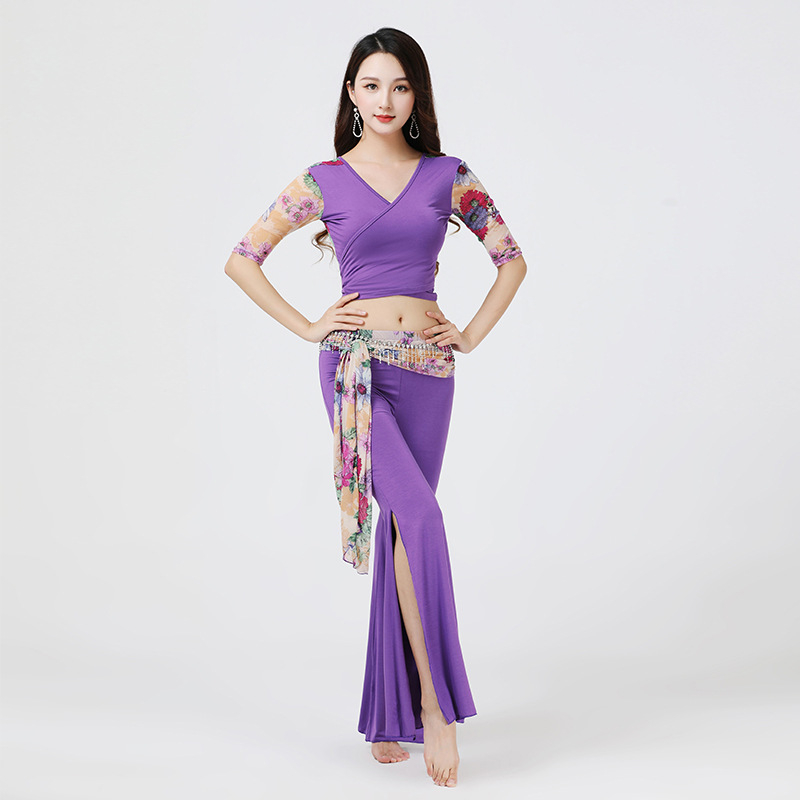 Costum de dans belly dance cu imprimeu floral și pantaloni cu deschidere, material modal cu 30–50% elastan, colecția iarnă 2023