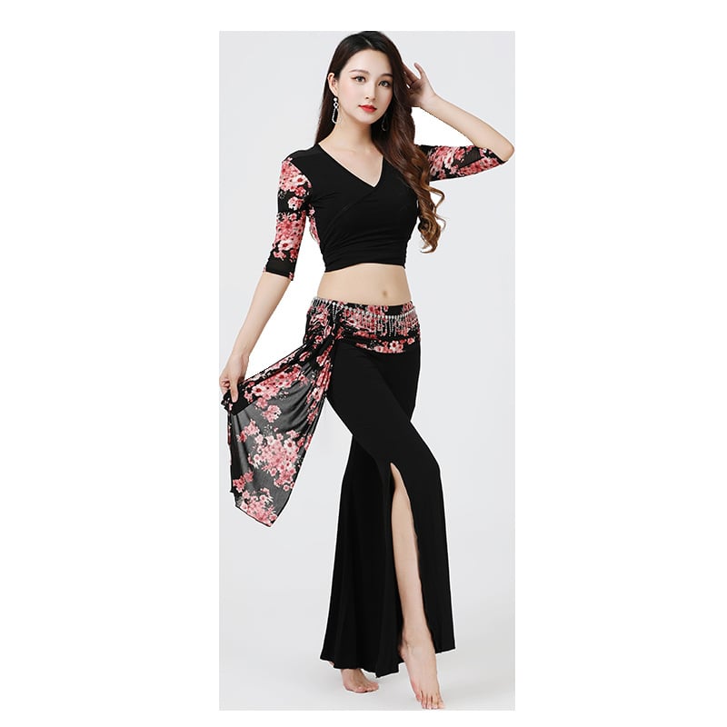 Costum de dans belly dance cu imprimeu floral și pantaloni cu deschidere, material modal cu 30–50% elastan, colecția iarnă 2023