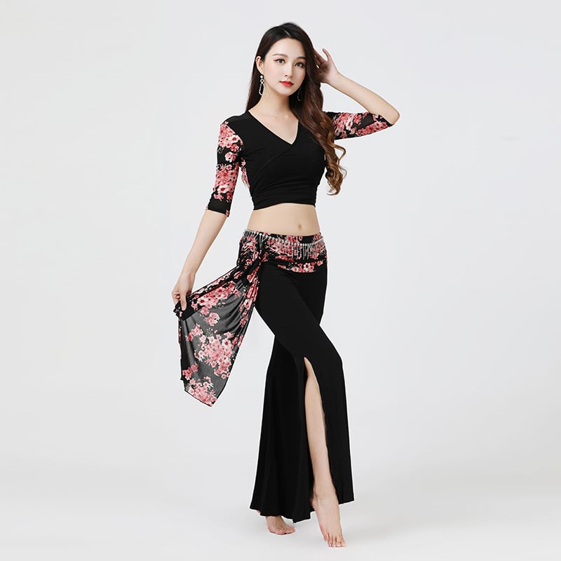 Costum de dans belly dance cu imprimeu floral și pantaloni cu deschidere, material modal cu 30–50% elastan, colecția iarnă 2023