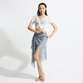 Set de dans pentru abdomen (belly dance) cu top cu ciucuri și șal de șold cu ciucuri; țesătură plasă, Spandex 90%