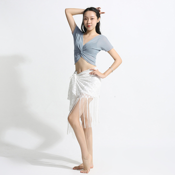 Set de dans pentru abdomen (belly dance) cu top cu ciucuri și șal de șold cu ciucuri; țesătură plasă, Spandex 90%