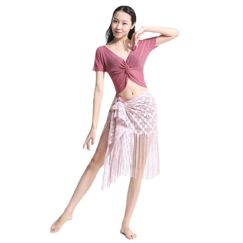 Set de dans pentru abdomen (belly dance) cu top cu ciucuri și șal de șold cu ciucuri; țesătură plasă, Spandex 90%