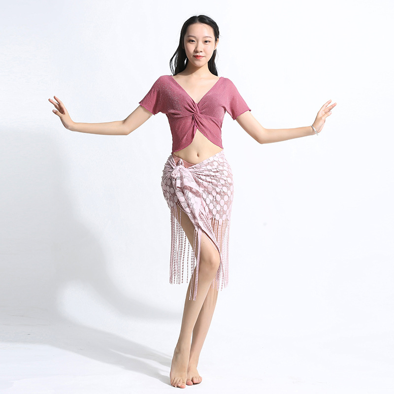 Set de dans pentru abdomen (belly dance) cu top cu ciucuri și șal de șold cu ciucuri; țesătură plasă, Spandex 90%