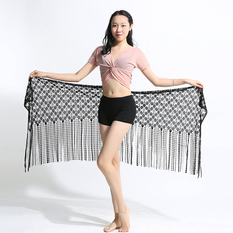 Set de dans pentru abdomen (belly dance) cu top cu ciucuri și șal de șold cu ciucuri; țesătură plasă, Spandex 90%