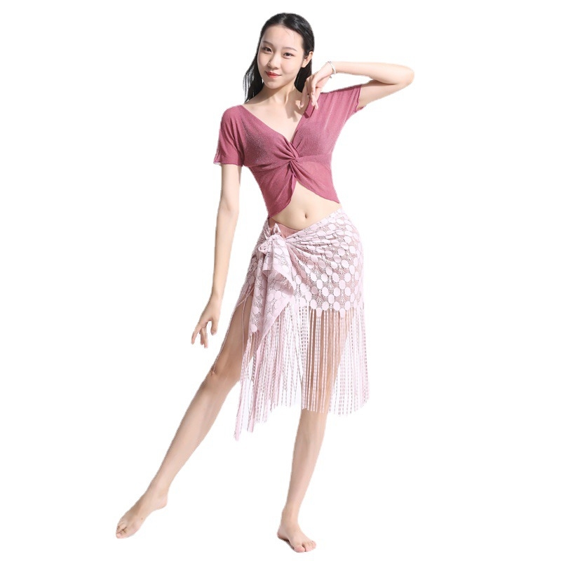 Set de dans pentru abdomen (belly dance) cu top cu ciucuri și șal de șold cu ciucuri; țesătură plasă, Spandex 90%