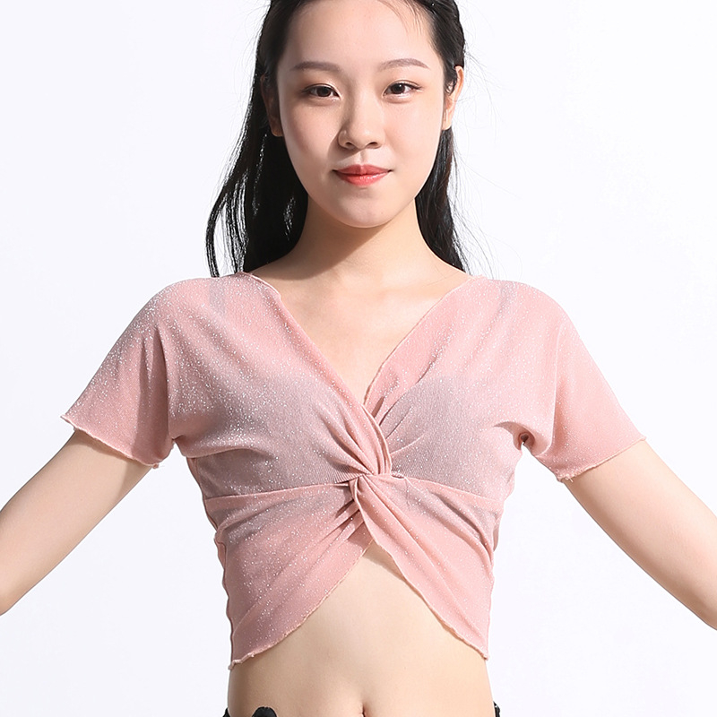 Set de dans pentru abdomen (belly dance) cu top cu ciucuri și șal de șold cu ciucuri; țesătură plasă, Spandex 90%