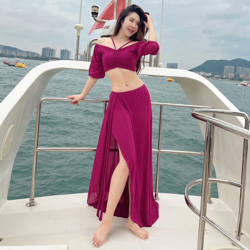 Set odjeće za belly dance: suknja i sako u dvorskom stilu, za odrasle žene, tkanina mješavine kemijskih vlakana, 100% poliester, pogodno za nastupe belly dance