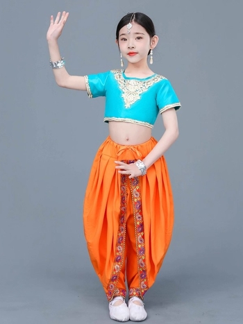 Dječji etnički plesni kostim za djevojčice — indijski i ujgurski ples, belly dance kostim; Materijal: poliester (>95%), mekana obrada, kineski stil, za nacionalne/folk plesove, uzrast 8+
