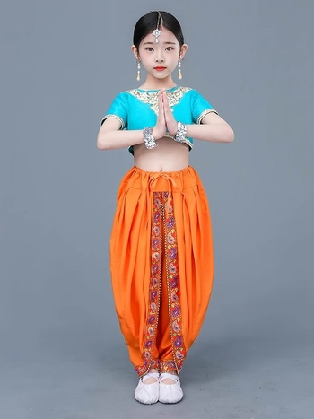 Dječji etnički plesni kostim za djevojčice — indijski i ujgurski ples, belly dance kostim; Materijal: poliester (>95%), mekana obrada, kineski stil, za nacionalne/folk plesove, uzrast 8+