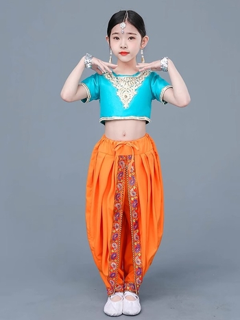Dječji etnički plesni kostim za djevojčice — indijski i ujgurski ples, belly dance kostim; Materijal: poliester (>95%), mekana obrada, kineski stil, za nacionalne/folk plesove, uzrast 8+