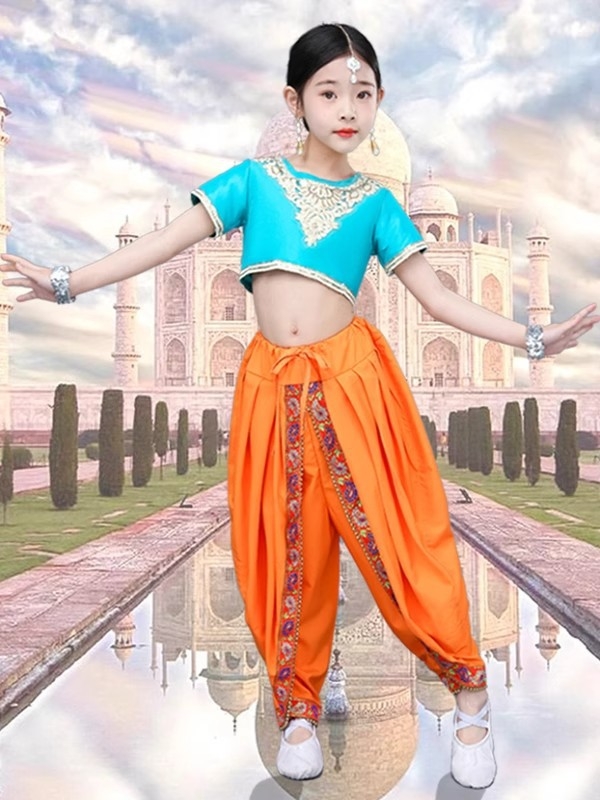 Dječji etnički plesni kostim za djevojčice — indijski i ujgurski ples, belly dance kostim; Materijal: poliester (>95%), mekana obrada, kineski stil, za nacionalne/folk plesove, uzrast 8+