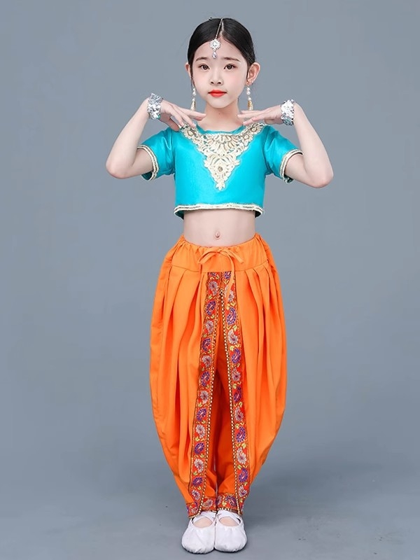 Dječji etnički plesni kostim za djevojčice — indijski i ujgurski ples, belly dance kostim; Materijal: poliester (>95%), mekana obrada, kineski stil, za nacionalne/folk plesove, uzrast 8+