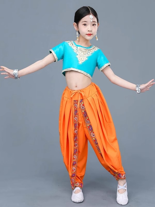 Dječji etnički plesni kostim za djevojčice — indijski i ujgurski ples, belly dance kostim; Materijal: poliester (>95%), mekana obrada, kineski stil, za nacionalne/folk plesove, uzrast 8+