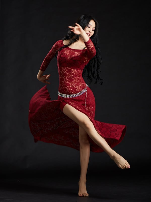 Csipkés hastánc ruha nőknek, 100% spandex anyag, apró virág mintával, egész évben viselhető